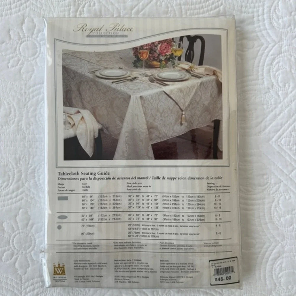 Royal Palace Collection White Damask Tablecloth 90 Inch Round‎ Floral NWT